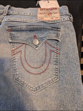 True Religion Men’s Light Blue Denim Jeans with Red Stitching